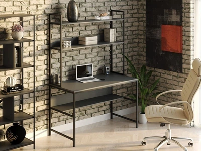 Стол компьютерный письменный с металлическим каркасом в стиле Лофт (Loft) DrevoGoods усиленный, прямой, рабочий для дома и офиса 1400х750х600мм; металл: Черный; дерево: Антрацит + стеллаж с полками (718|49)