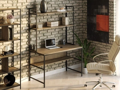 Стол компьютерный письменный с металлическим каркасом в стиле Лофт (Loft) DrevoGoods усиленный, прямой, рабочий для дома и офиса 1000х750х600мм; металл: Черный; дерево: Аликанте темный + стеллаж с полками (705|49)