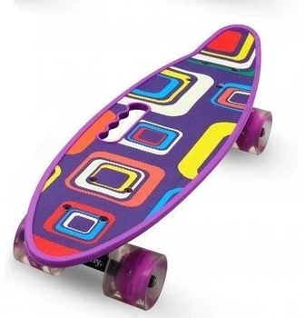 Скейт Penny Board Пенниборд Maraton Cool с ручкой фиолетовый квадраты