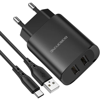 Зарядне мережеве BOROFONE BN2 Super fast (2USB 2.1A) Type-C Чорний