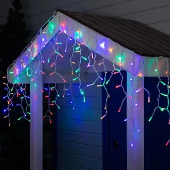 Гирлянда бахрома уличная светодиодная 3х0.4 м 120 LED с переходником прозрачный провод от сети Разноцветная