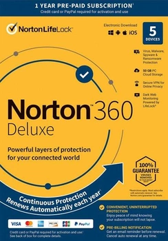 Norton 360 Deluxe 50 GB для 1 пользователя, на 5 устройств, на 12 месяцев