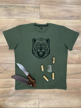 Мужская футболка для охотника принт Суровый медведь XL темный хаки