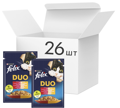 Упаковка влажного корма для котов Purina Felix Fantastic Duo с говядиной и птицей кусочки в желе 26 шт по 85 г (7613287028709)