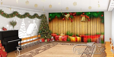 Новорічні Фото Штори в дитячий сад PHOTODECOR "Ялинкові ламбрекени і подарунки"