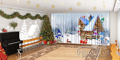 Новорічні Фото Штори в дитячий сад PHOTODECOR "Будиночок сніговиків в лісі"