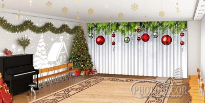 Новогодние Фото Шторы в детский сад PHOTODECOR "Елочные ламбрекены с игрушками"