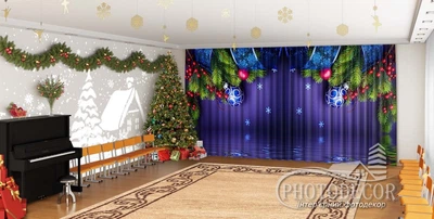 Новогодние Фото Шторы в детский сад PHOTODECOR "Елочные ламбрекены на синем фоне"