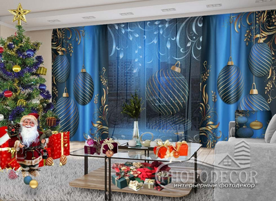 Новорічні Фото штори і тюль PHOTODECOR "Сині кулі з візерунками"