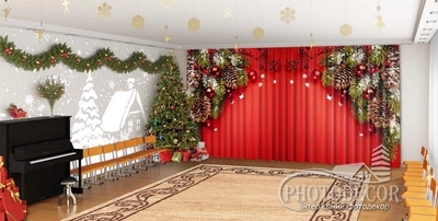 Новорічні Фото Штори в дитячий сад PHOTODECOR "Ялинкові ламбрекени на червоному фоні" 1 кв.м