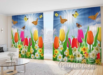 Фото Штори PHOTODECOR "Тюльпани і нарциси з метеликами"