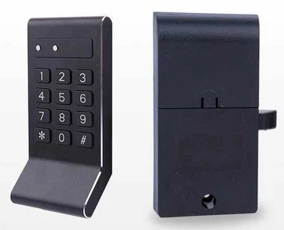 Замок мебельный электронный с комбинированным: кодовая клавиатура/RFID доступом F011 с алюминиевым черненным фронтальным корпусом и с загнутым захватом - ручкой