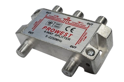 Splitter 4-WAY PROWEST 5-2500MHZ, Разветвитель с проходом питания 5В для эфирного, кабельного ТВ, корпус металл (A_SP_PR4)