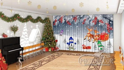 Новогодние Фото Шторы в детский сад PHOTODECOR "Снеговики и Дед Мороз в городе 3"