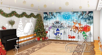 Новогодние Фото Шторы в детский сад PHOTODECOR "Снеговики и Дед Мороз в городе 1"