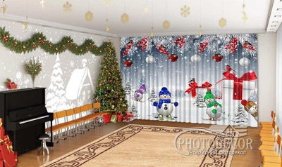 Новорічні Фото Штори в дитячий сад PHOTODECOR "Сніговики та снігурі з подарунками" 1 кв.м