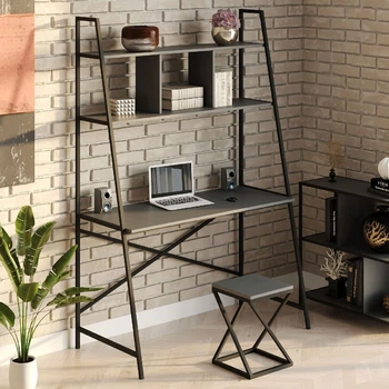Стол компьютерный письменный с металлическим каркасом в стиле Лофт (Loft) DrevoGoods усиленный, прямой, рабочий для дома и офиса 1600х1800х600мм; металл: Черный; дерево: Антрацит + стеллаж с полками без табурета (895|45)