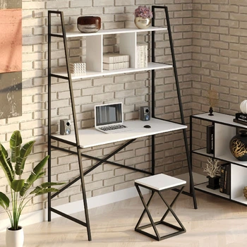 Стіл комп'ютерний письмовий з металевим каркасом в стилі Лофт (Loft) DrevoGoods посилений, прямий, робочий для дому та офісу 1000х1800х600мм; метал: Чорний; дерево: Білий + стелаж з полицями без табурету (872|45)