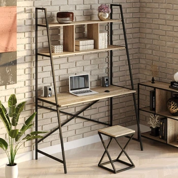 Стол компьютерный письменный с металлическим каркасом в стиле Лофт (Loft) DrevoGoods усиленный, прямой, рабочий для дома и офиса 1000х1800х600мм; металл: Черный; дерево: Дуб Сонома + стеллаж с полками без табурета (870|45)