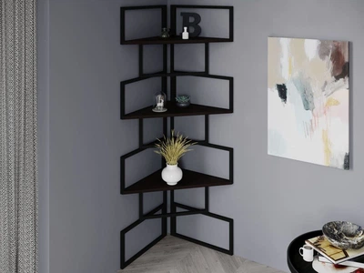 Стеллаж угловой с металлическим каркасом в стиле Лофт (Loft) DrevoGoods усиленный, напольный (пристенный) для дома и офиса с 3 полками для книг и вещей 520x1760x520мм; металл: Черный; дерево: Венге (829|30)