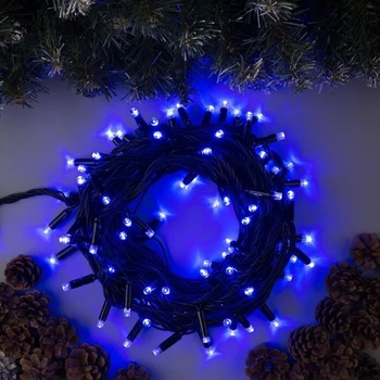 Гирлянда уличная нить 100 LED 10 метров на черном проводе Синяя