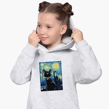 Детский худи Сейлор Мун Кошка Луна и Звездная Ночь Ван Гог (Sailor Moon anime Cats and van Gogh) Светло-серый меланж (9298-2923) 128 см