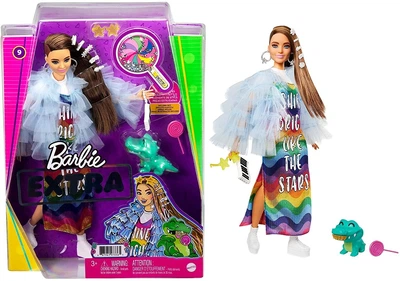 Кукла Barbie GYJ78 - Extra Doll Радужное платье Синяя куртка с рюшами