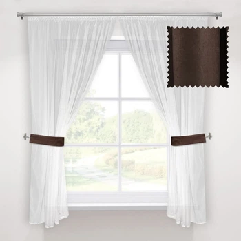Кухонні коротка фіранка Adagio Windows Decor Білі тюлеві штори з темно коричневими підхватами в розмірах 1,45х1,7м - 2 штори