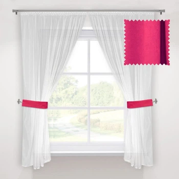 Кухонні яскрава коротка фіранка Adagio Windows Decor Білі тюлеві штори з малиновими підхватами в розмірах 1,45х1,7м - 2 штори
