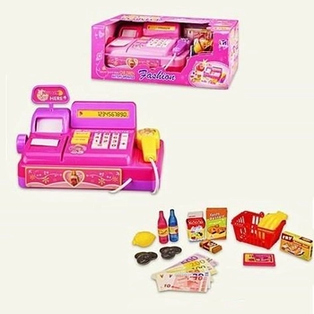 Большой детский игровой развивающий набор Магазин кассовый аппарат со звуком корзина с продуктами на батарейках для девочки 3138A