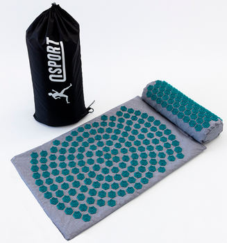 Масажний килимок Аплікатор Кузнєцова + валик масажер для спини/шиї/голови OSPORT Lotus Mat Eco (apl-021) Сіро-бірюзовий