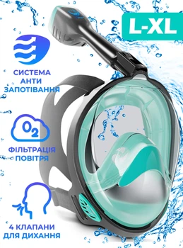 Маска для плаванья L/XL VelaSport 4.0 Полнолицевая панорамная Снорклинг Маска на все лицо для купания ныряния 4 клапана Инновационная от запотевания с креплением для экшн камеры Black Turqouise