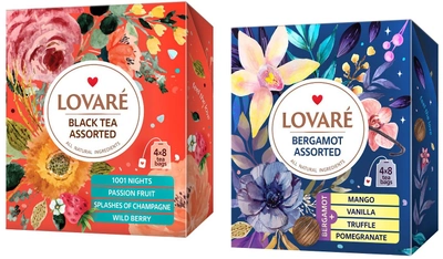 Комплект пакетованого чаю Lovare Асорті Бергамот 32 шт. по 2 г та Асорті Чорний 32 шт. по 2 г (2000345444772)