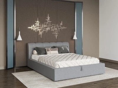 Кровать двуспальная из ДСП с мягким изголовьем 160x200 Каролина 6 ткань Bagira серый Світ Меблів с подъемным механизмом и каркасом (без матраса)