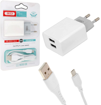 Зарядний пристрій XO L65 2.4Amax (2 USB + кабель microUSB) White (26039)