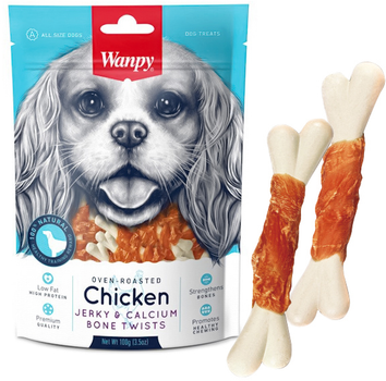 Лакомство для собак Wanpy Chicken Jerky Calcium Bone Twists Кость с вяленой курицей и кальцием 100 г (6927749810353)