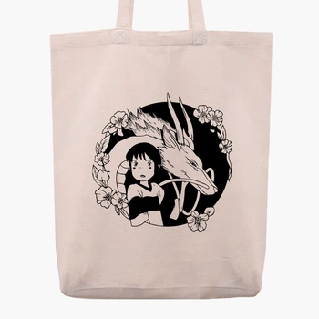 Эко сумка шоппер Унесённые призраками Тихиро Огино Сэн и Хаку (Spirited Away Chihiro Ogino Sen and Haku) (9227-2647) 41x35x8.5 см Бежевый
