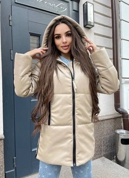 Женская куртка зимняя удлиненная c капюшоном из эко кожи KML 008 S (42-44) Светло-бежевый (K 008/3 A)