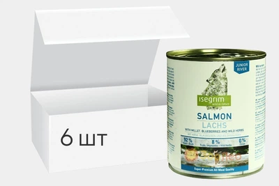 Упаковка влажного корма для собак isegrim adult river лосось с пшеном, черникой и дикими травами 800г 6шт