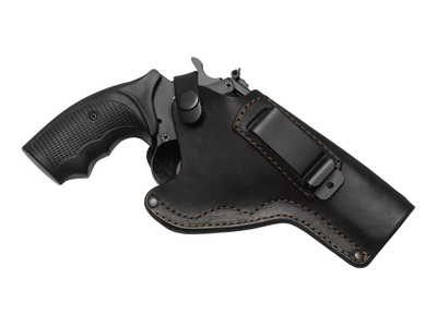 Кобура для Револьвера 4" поясная + скрытого внутрибрючного ношения с клипсой не формованная (кожаная, чёрная)