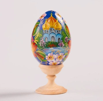 Авторское Пасхальное синее деревянное яйцо с церквью UAMAZE 6.5х4см