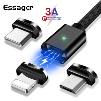 Магнитный кабель черный ESSAGER (micro USB, Type-C, Lightning)) 1метр