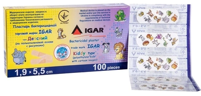 Пластир бактерицидний IGAR Дитячий (на поліетиленовій основі із малюнками) 1,9 x 5,5 см 100 шт.