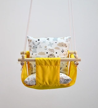 Детская качеля из дерева Infancy Зверята в лесу подвесная желтая тканевая основа от 7 месяцев до 5 лет