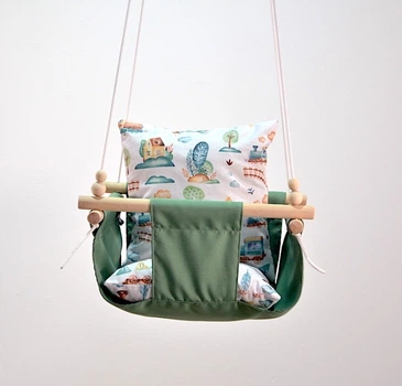 Детская качеля подвесная Infancy Паровозики из натурального дерева оливковая тканевая основа от 7 месяцев до 5 лет