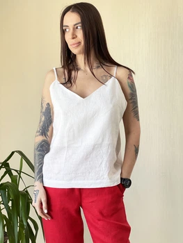 Лляний топ на тонких бретелях білий XS - linen island (132704)