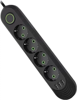 Мережевий фільтр Voltronic 4 розетки EU + 3 USB, 1.5 м, переріз 3х0.75 мм, 2500 В Чорний (F04U-Black)