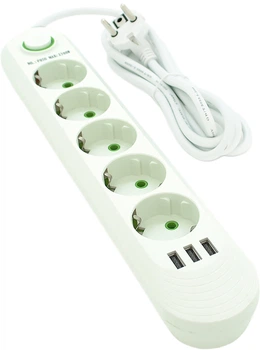 Мережевий фільтр Voltronic 5 розеток EU + 3 USB, 1.5 м, переріз 3х0.75 мм, 2500 В Білий (F05U-White)