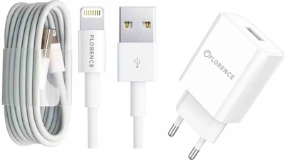 Мережевий зарядний пристрій Florence 1USB 2A + Lightning Cable White (FL-1020-WL)
