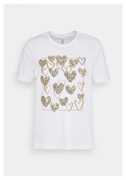 Футболка ONLY ONLKITA REG S/S LEAF/MOON TOP BOX JRS S Белый 15246473-Bright White-Print:GOLD HEARTS SQUARE